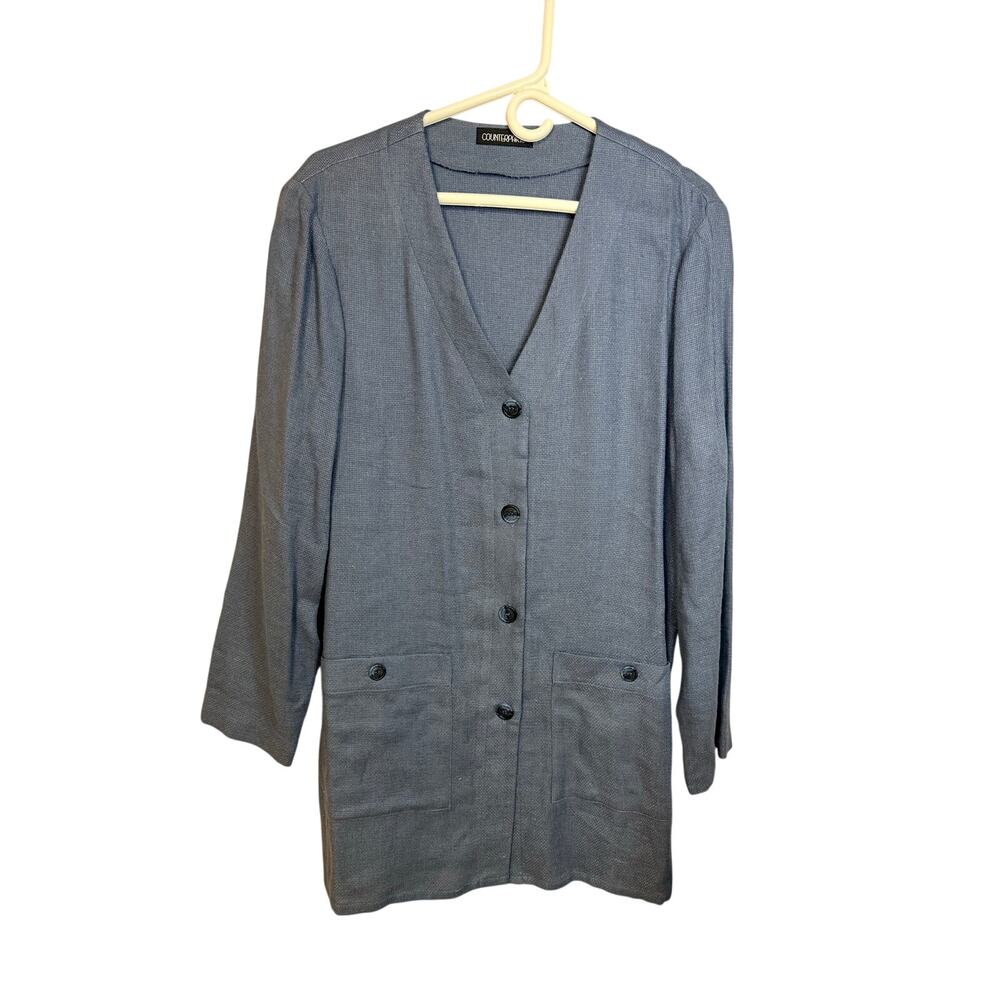 Vintage Cardigan Jacket Womens Large VTG JC Penny Linen Blue Gray Button Up 90’s